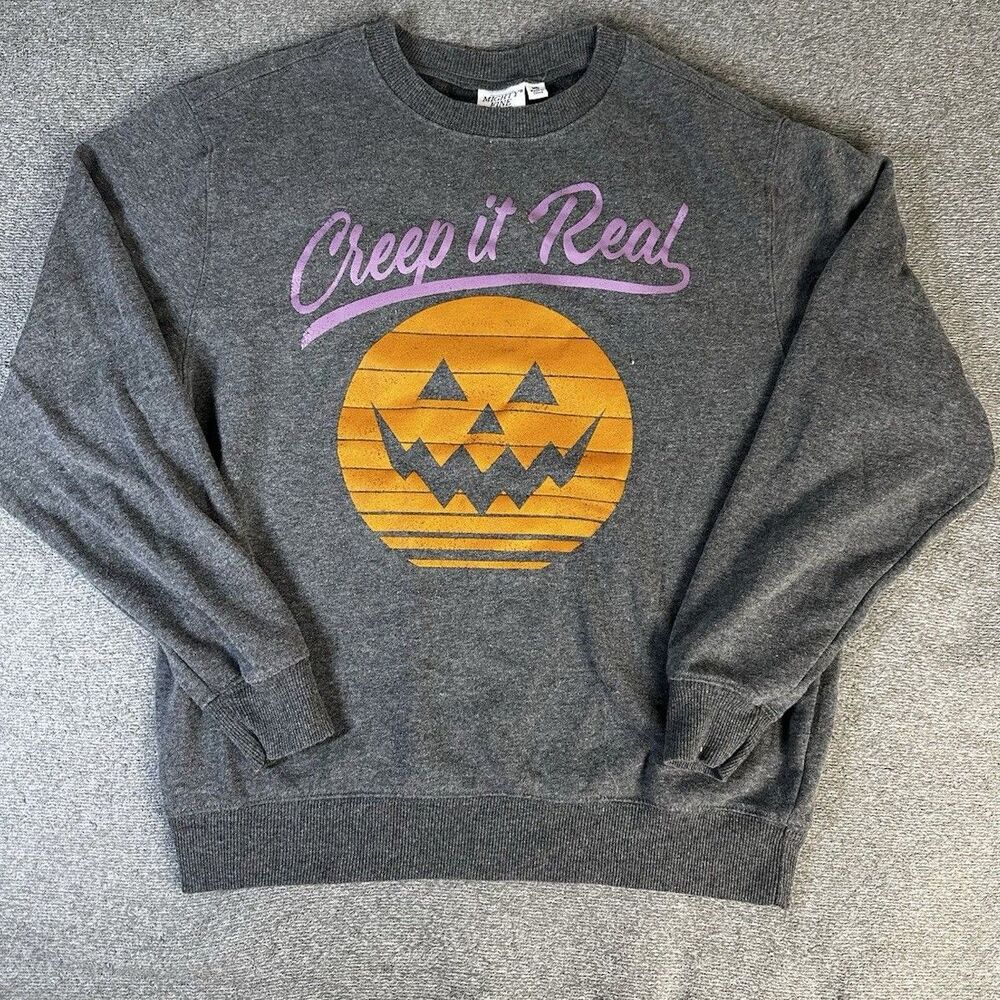 Mighty Fine “creep it real” Grey Halloween Pumpkin Sweatshirt Medium